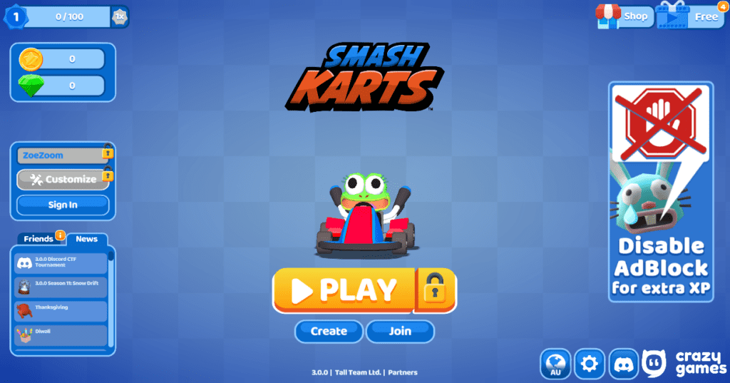 Smash Karts gameplay with players racing and battling in a colorful, fast-paced kart arena.